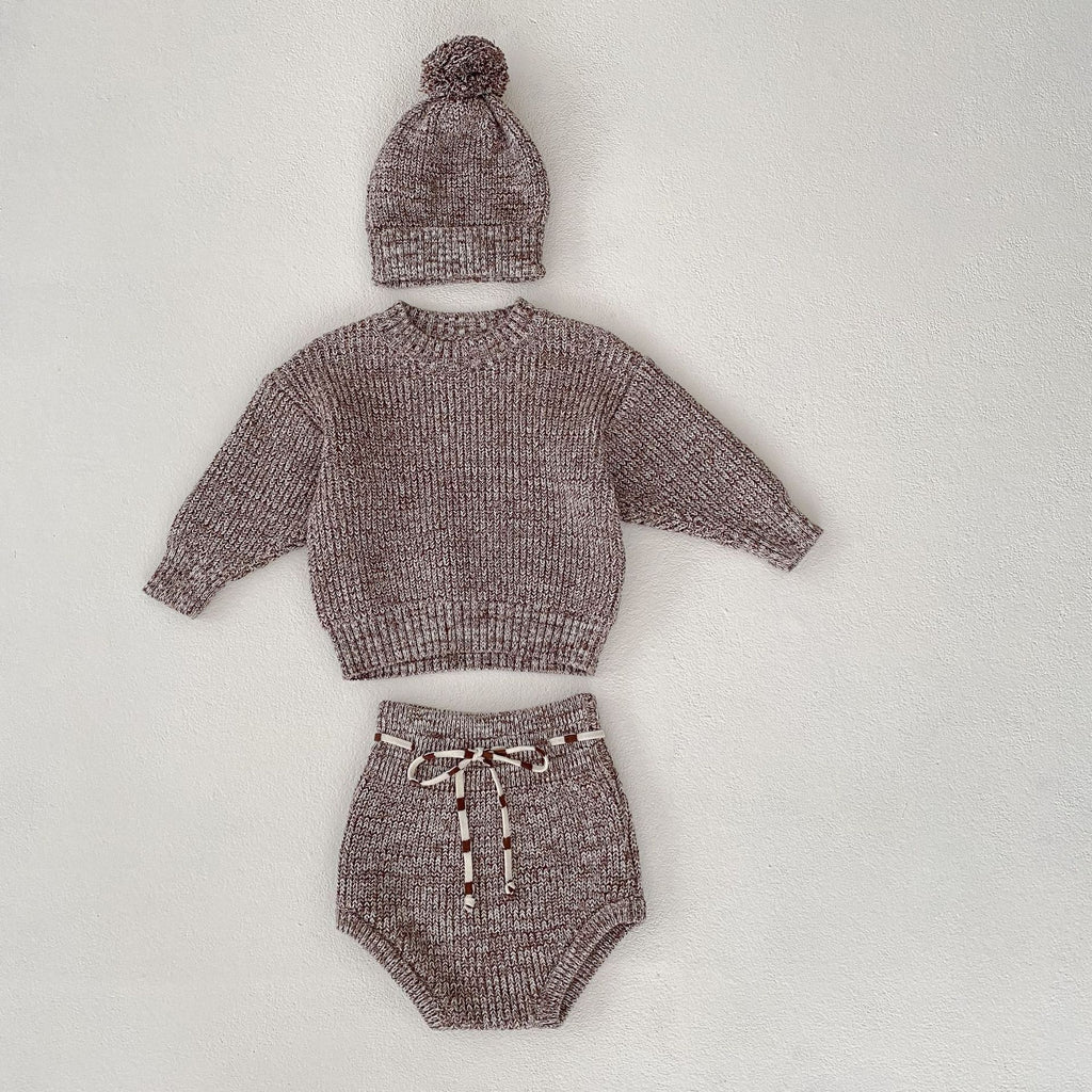 Baby Girl Thick Needle Pullover Pants Pullover Fur Ball Knitted Hat 3-piece Set