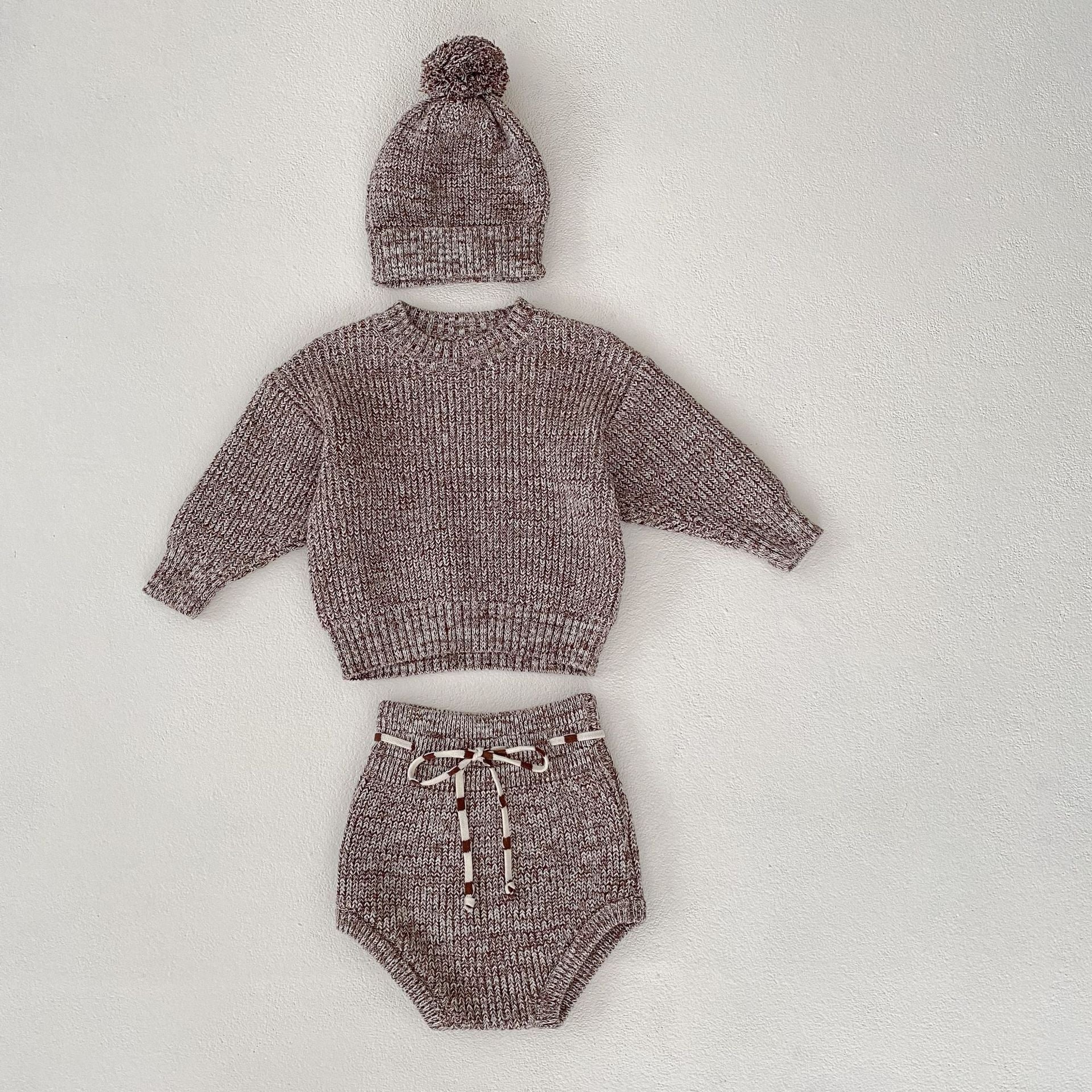 Baby Girl Thick Needle Pullover Pants Pullover Fur Ball Knitted Hat 3-piece Set
